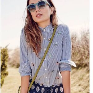 J. Crew Perfect Striped Poplin Shirt with Dragonfly Bee Embellishments